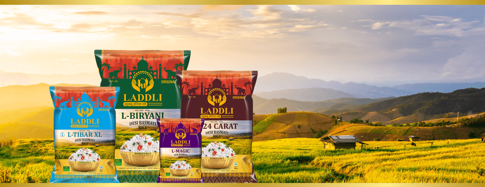 Laddli L-Tibar XL, L-Biryani, L-Magic and 24 Carat rice bags against golden paddy fields